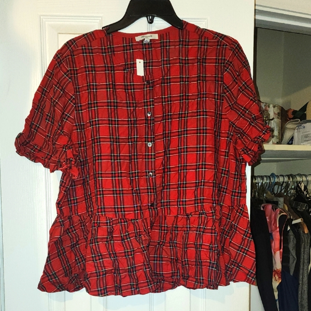 Madewell Red and Black Plaid Blouse, NWT. size XL